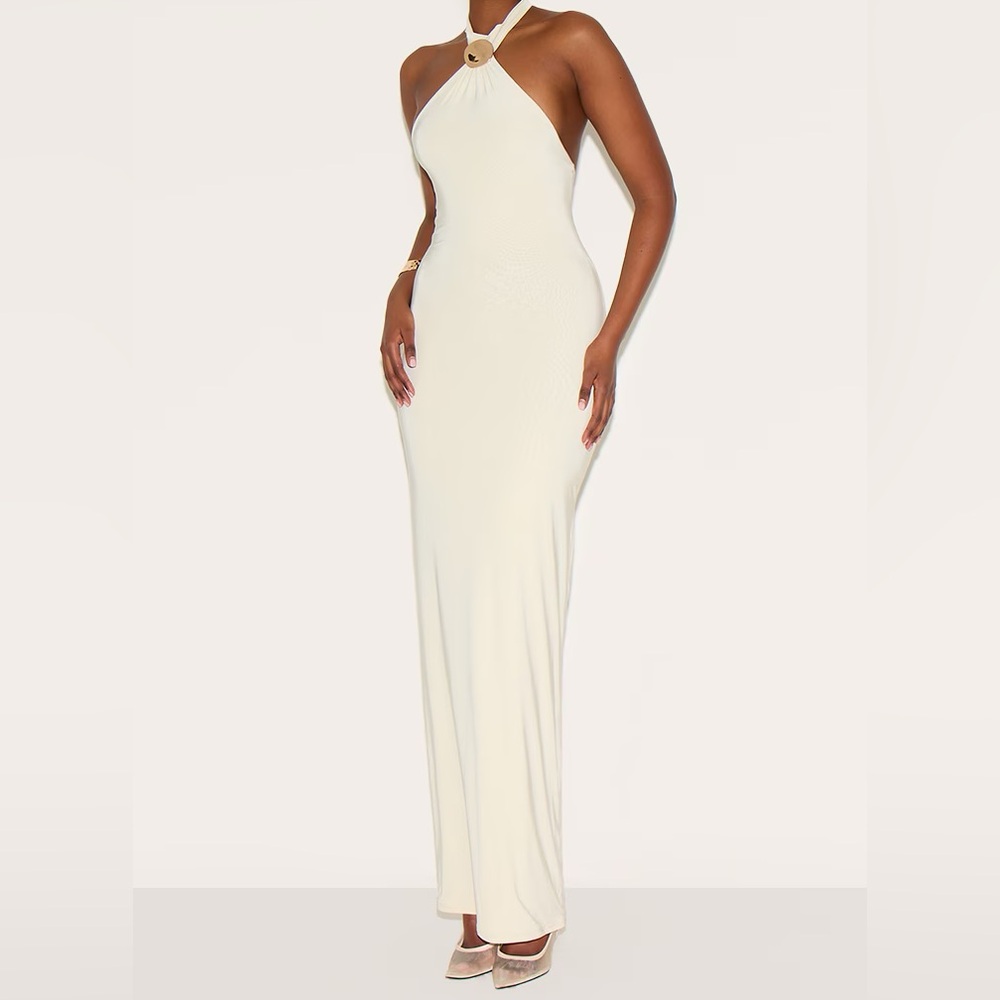 White Halter Neck Trim Detail Maxi Dress